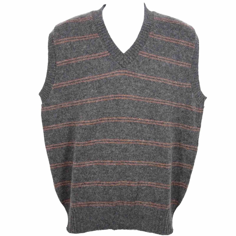 Vtg Fall River Knitting Mills Wool Sweater Vest Men's XL Gray Orange Striped USA